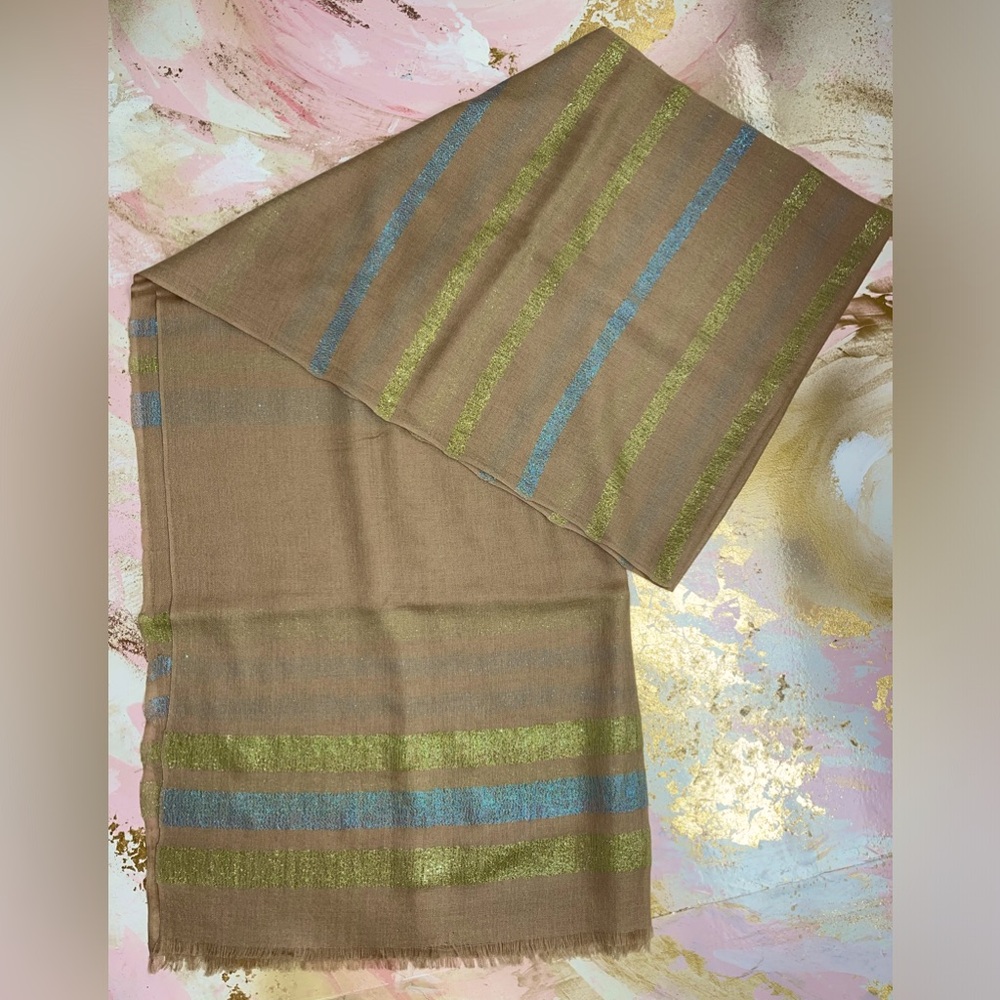 Yarnz Cashmere & Silk Scarf- Camel with metallic green/ blue lurex stripes